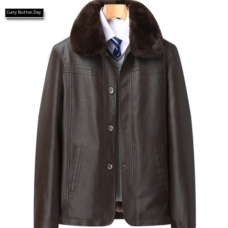 Middle-aged And Elderly Men's Leather Jacket Velvet Padded Thickened Coat Winter Leather Jacket