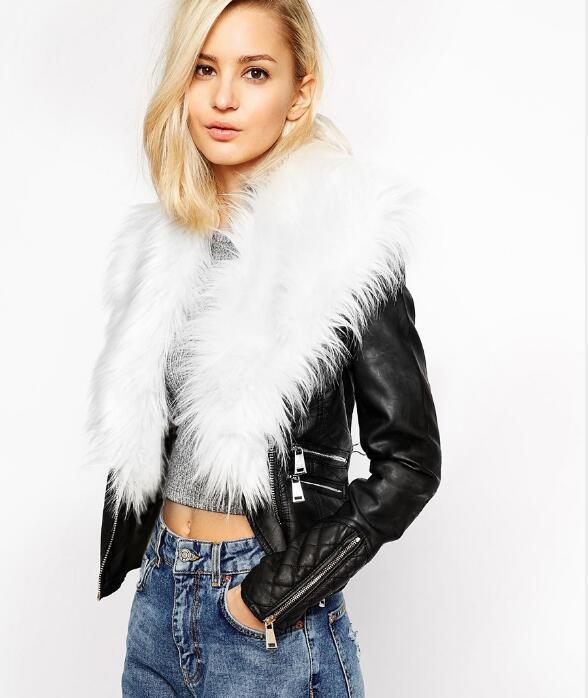 Hot PU Leather Jacket Coat with Faux Fox Fur Collar