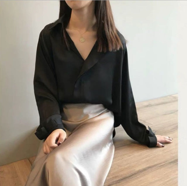 Long sleeve V-neck Vintage Silk Satin Chiffon shirt