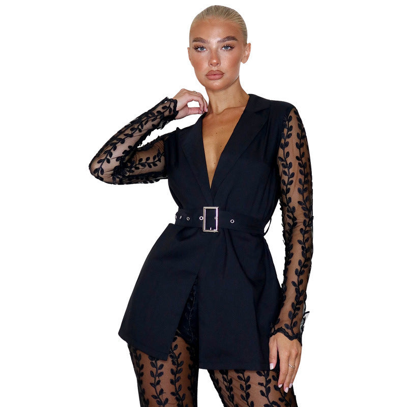 New Mesh Lace Floral Long-sleeved Top Bell-bottom Pants Suit Women Including Belt