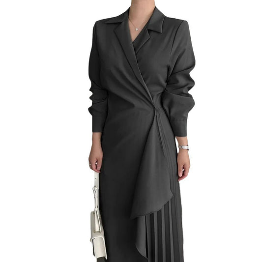 Women's Formal Elegant Shirt Retro Long Solid Color Suspender Skirt Long Waist Dress