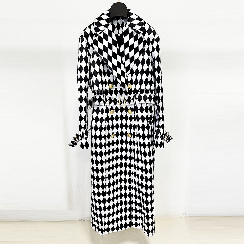 Black And White Diamond Grid Belt Long Trench Coat