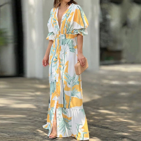 Fashion V Neck Bubble Sleeve Printed Dress