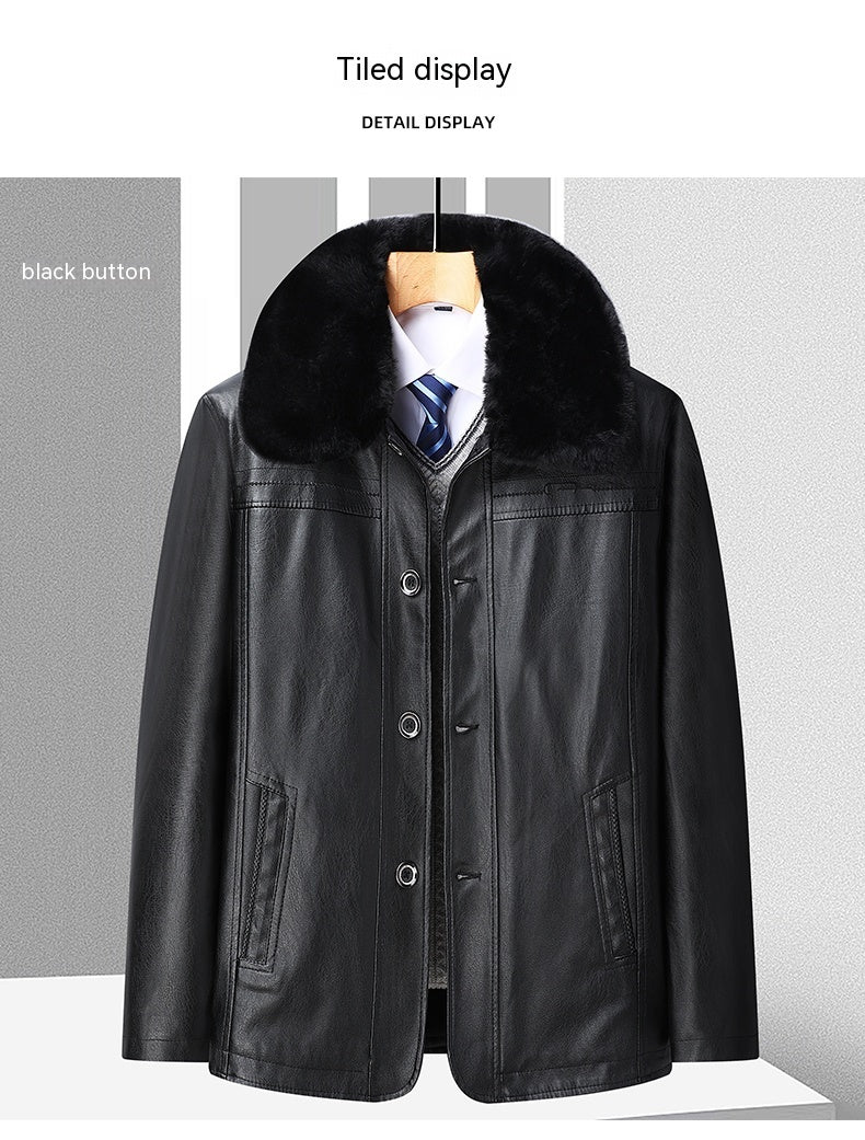 Middle-aged And Elderly Men's Leather Jacket Velvet Padded Thickened Coat Winter Leather Jacket