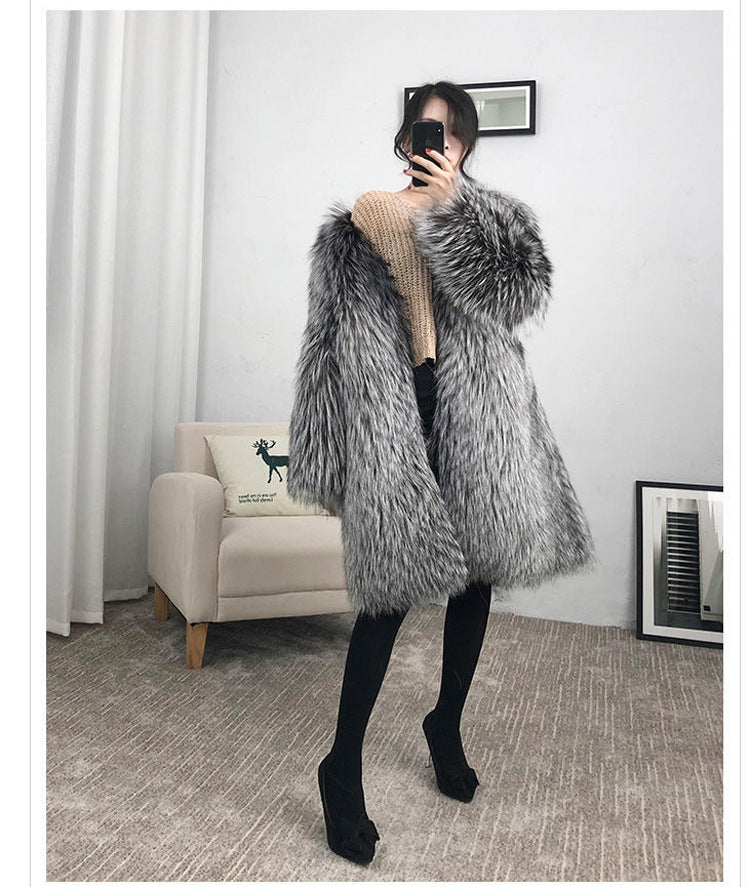 Mid-length Fox Fur Faux Fur Coat Women's Warm Leisure Overcoat