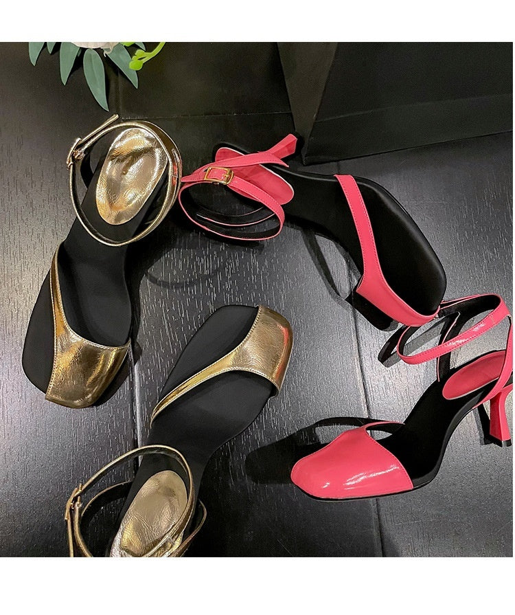 Stiletto Toe Box Back Empty Side Empty Strap Golden Women's Silver High Heels