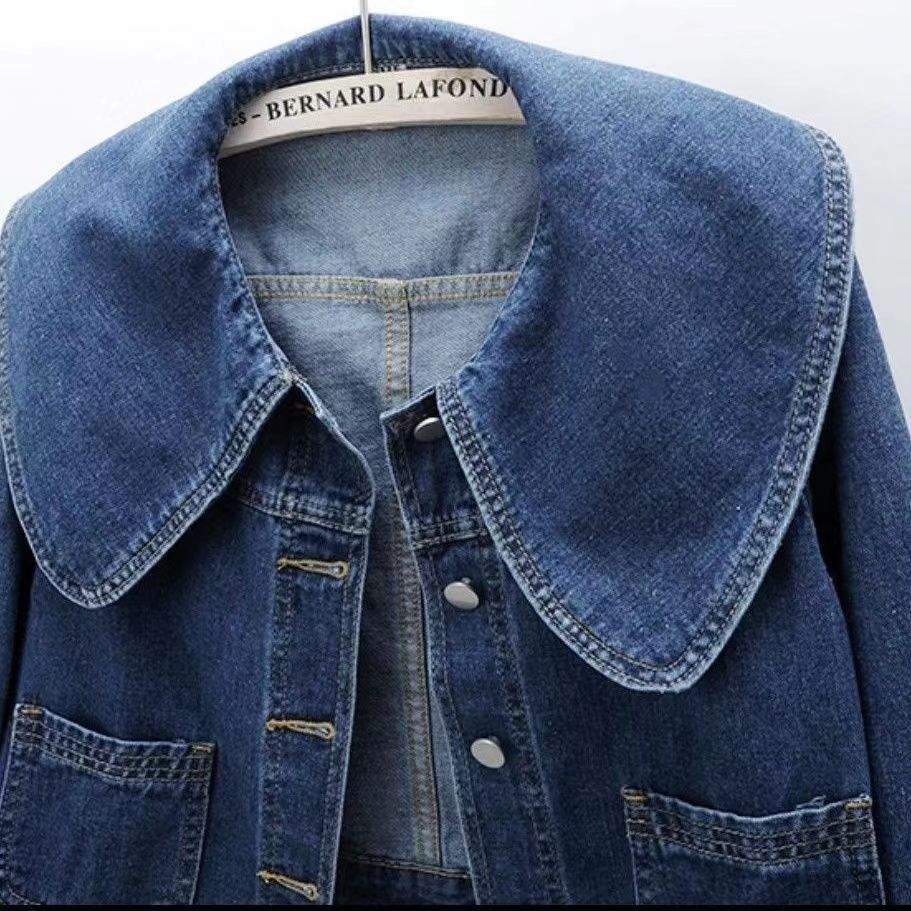 Retro Peter Pan Collar Short Denim Coat For Women