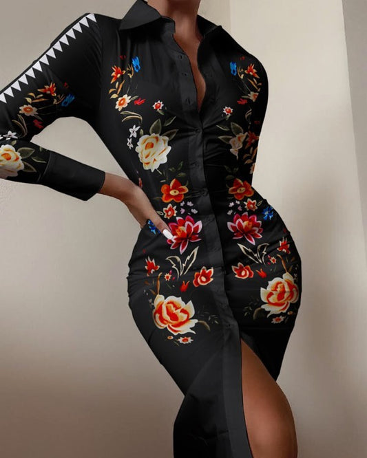 Women's Long Sleeve V Neck Waist Print Dress Shirt Dress