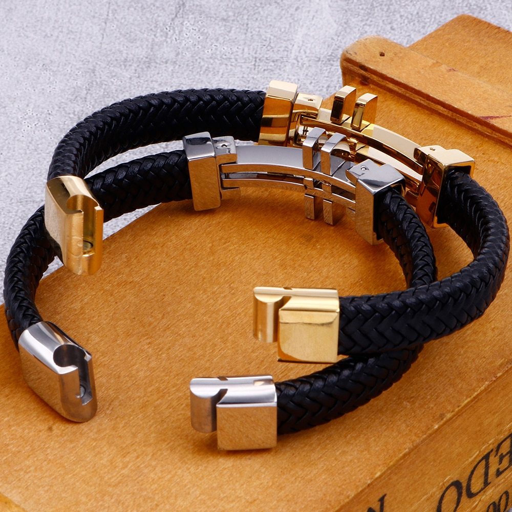 Titanium steel bracelet cowhide men's leather rope