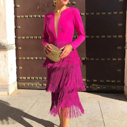 Long-sleeved fringed dress