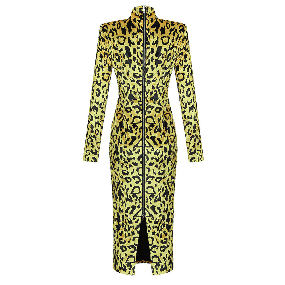 Long sleeve stand-up collar leopard print velvet slim fit dress