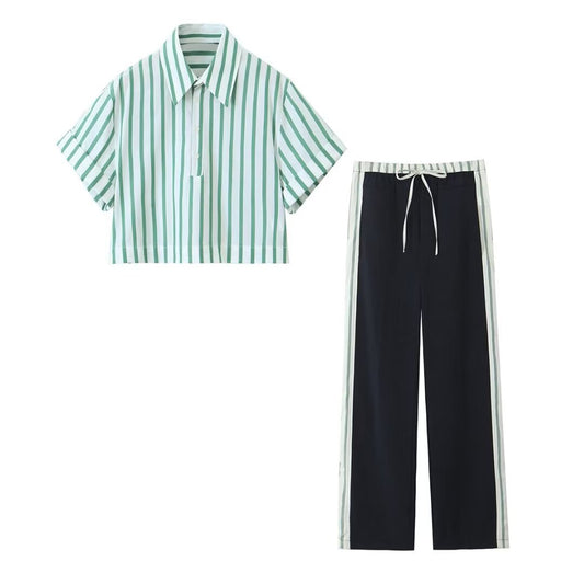 Striped Short Style Shirt Side Decoration Striped Pants Suit