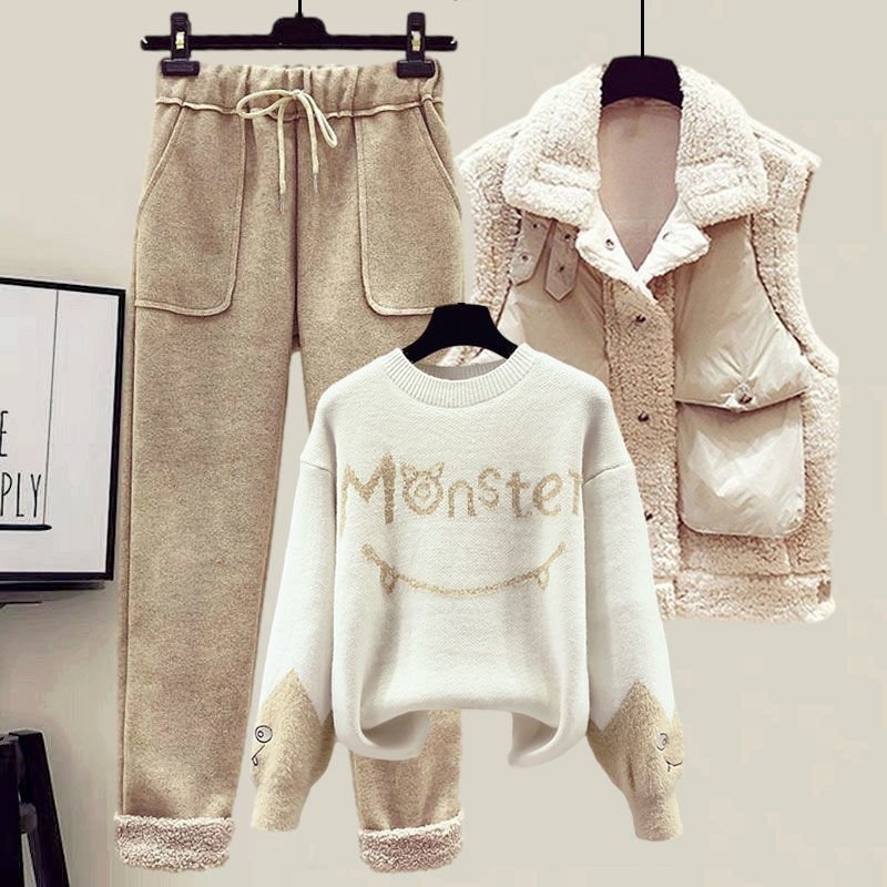 Women's Lamb Wool Vest Slimming Knitted Sweater Casual Pants Three-piece Suit