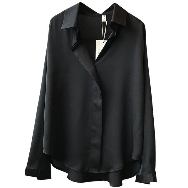 Long sleeve V-neck Vintage Silk Satin Chiffon shirt