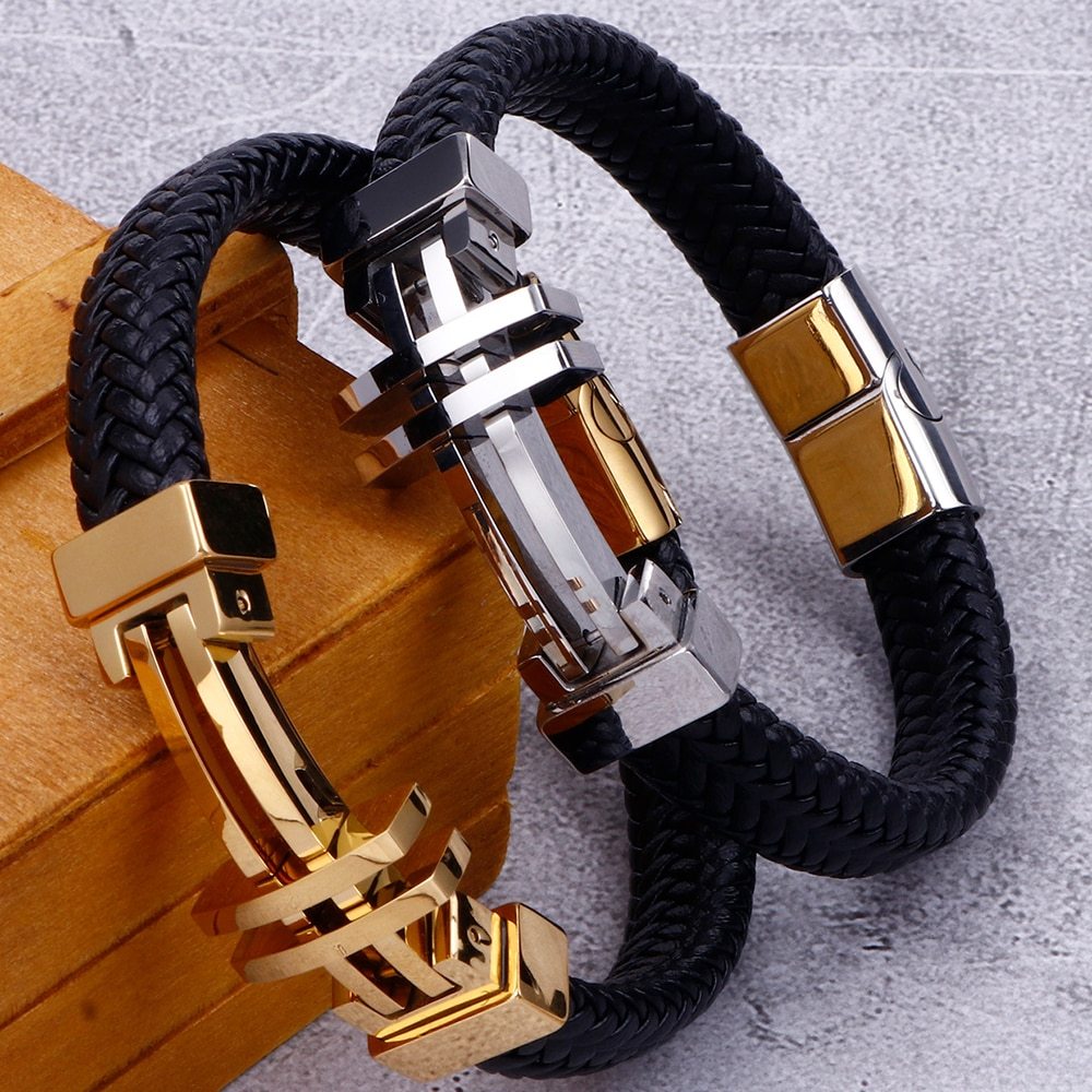 Titanium steel bracelet cowhide men's leather rope