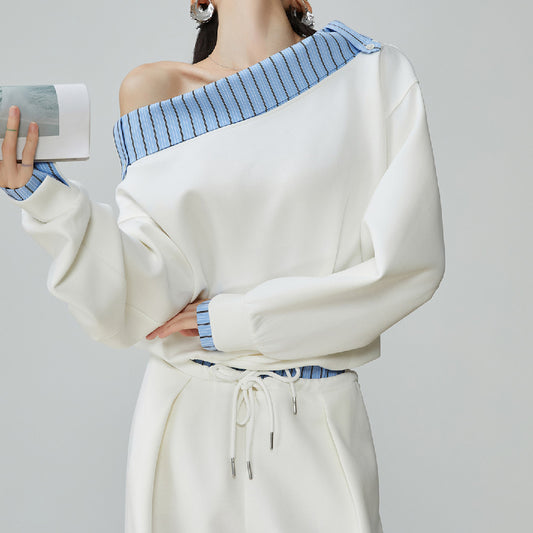 Two Piece Set Of Blue And White Striped Collared Sloping Shoulder Hoodie And Wide Leg Pants