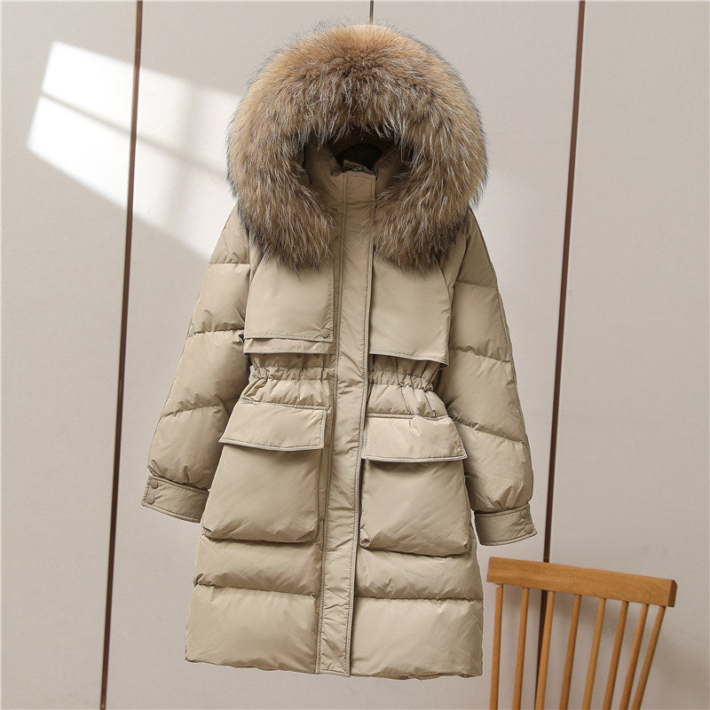 Big Fur Collar White Duck Down Jacket Overknee Thickened Winter Coat