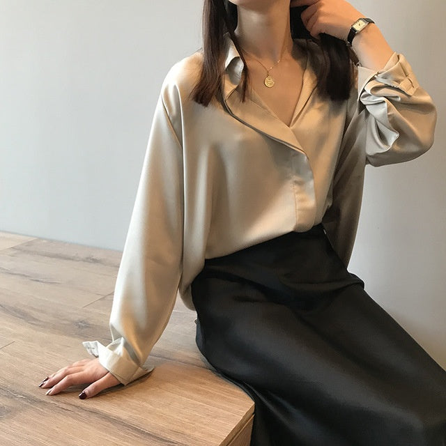 Long sleeve V-neck Vintage Silk Satin Chiffon shirt