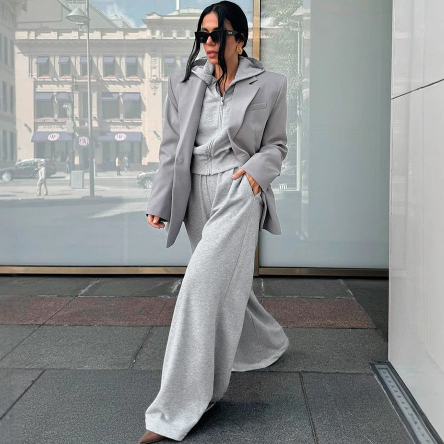 Gray Hooded Sweatshirt Wide Leg Pants Suit