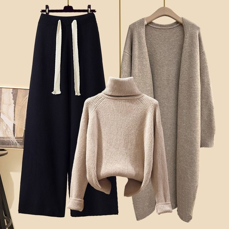 Idle Style Three-piece Set Thick Turtleneck Sweater Wide Leg Pants Wear Long Cardigan Jacket Slimming