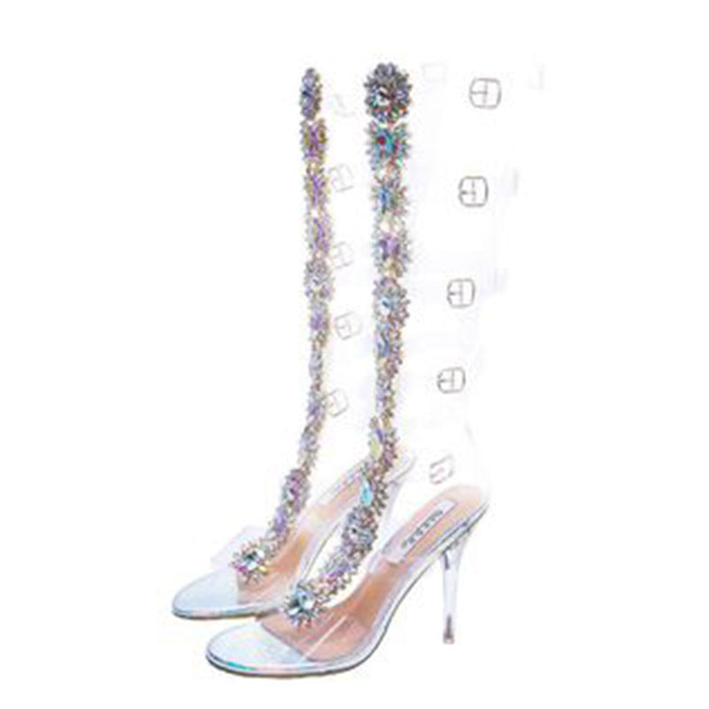 Large Rhinestone Transparent Heel Boots