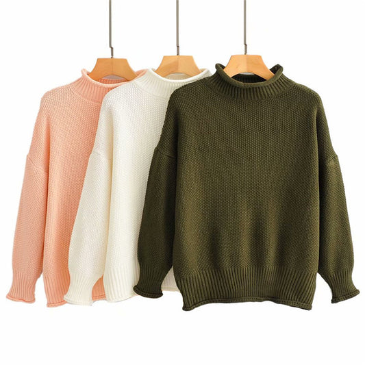 Turtleneck solid color loose long sleeve pullover sweater
