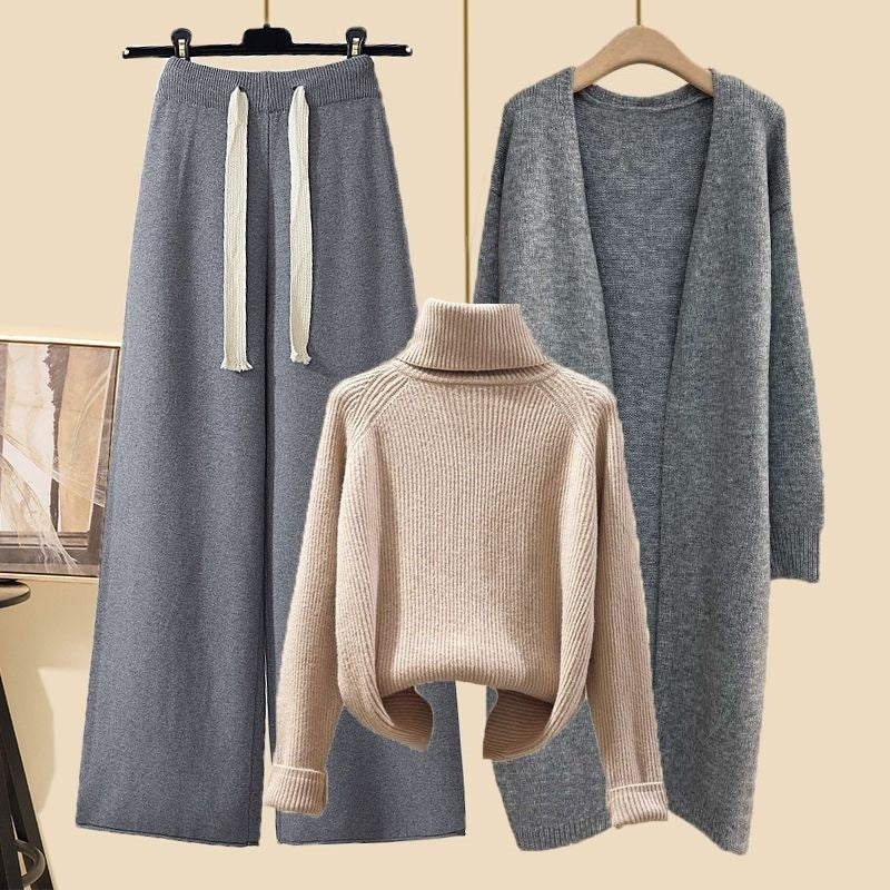 Idle Style Three-piece Set Thick Turtleneck Sweater Wide Leg Pants Wear Long Cardigan Jacket Slimming