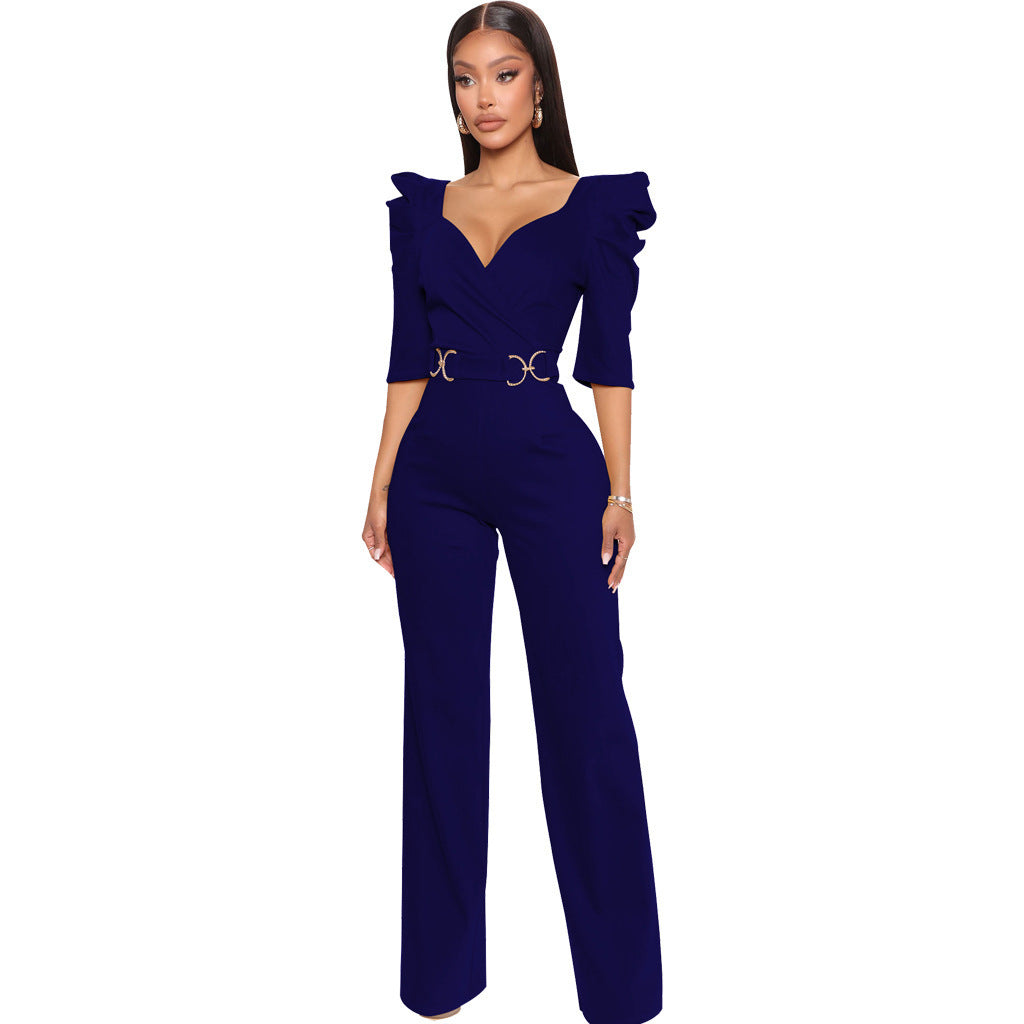 Long Sleeve Sexy V Underwear Wide Leg Jumpsuit