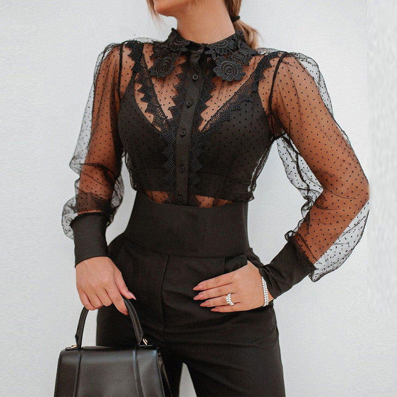 Women's Black Polka Dot Lace See-through Shirt