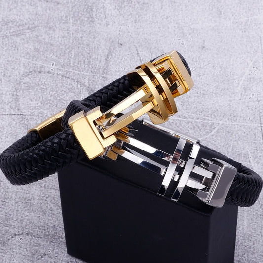 Titanium steel bracelet cowhide men's leather rope