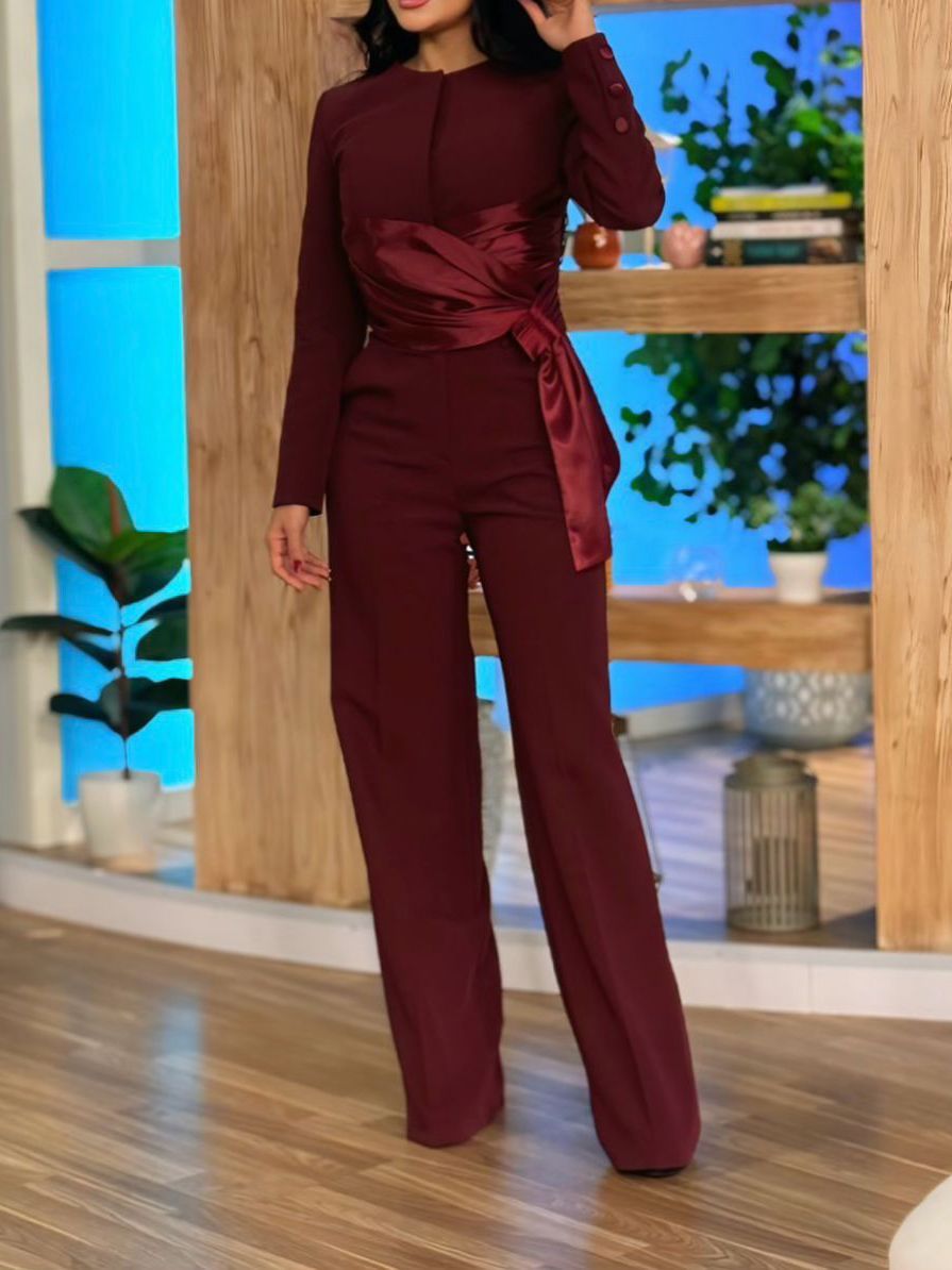 Burgundy Satin Strappy Top & High-waisted Pants Set