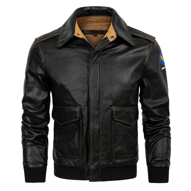 Genuine Leather Flight Jacket Baseball Uniform First Layer Cowhide Leather Men's Short Lapels Coat