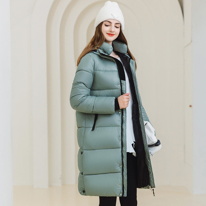 Women's Long Cotton Hooded Coat: Winter Warm, Fashionable, with Pockets, Solid Color