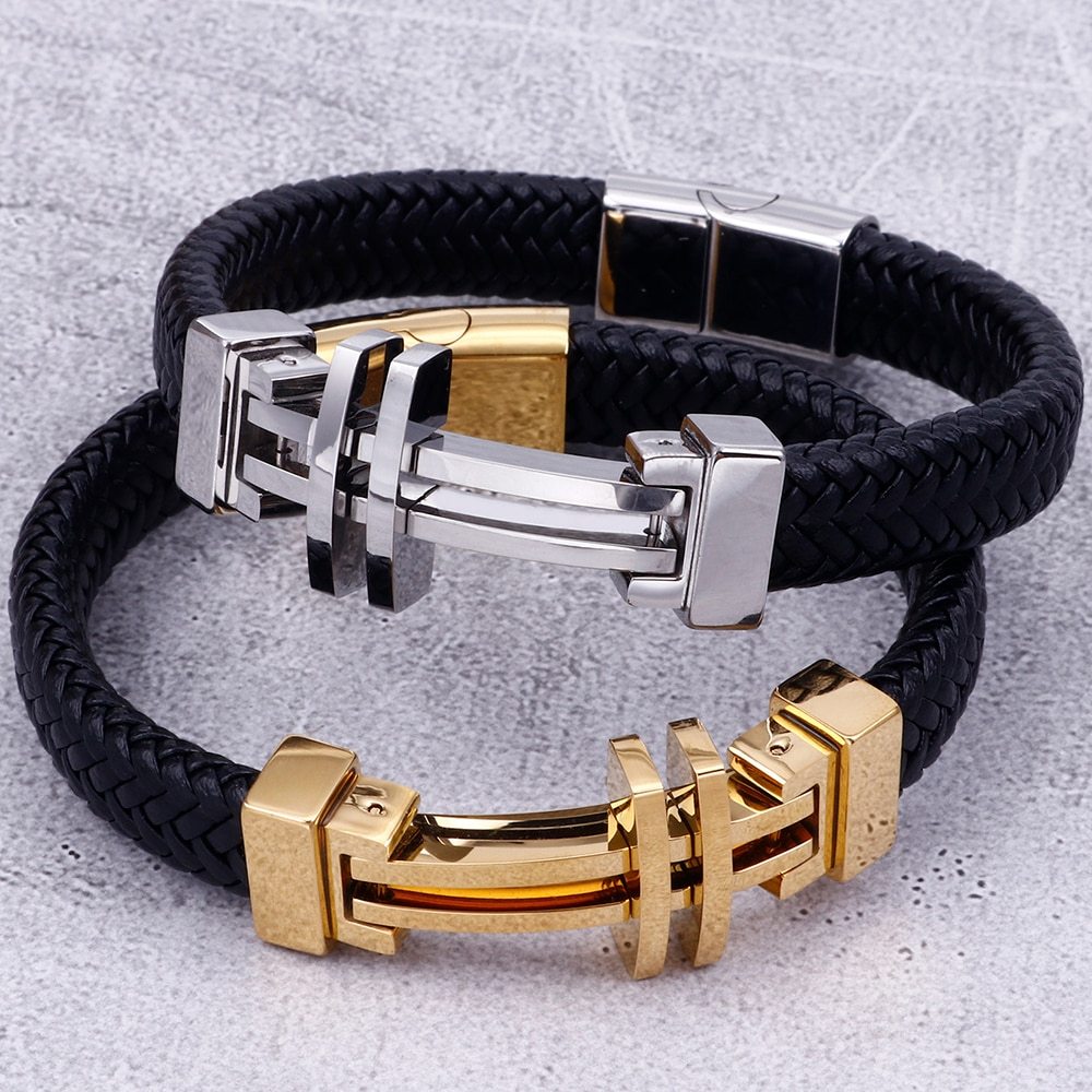 Titanium steel bracelet cowhide men's leather rope