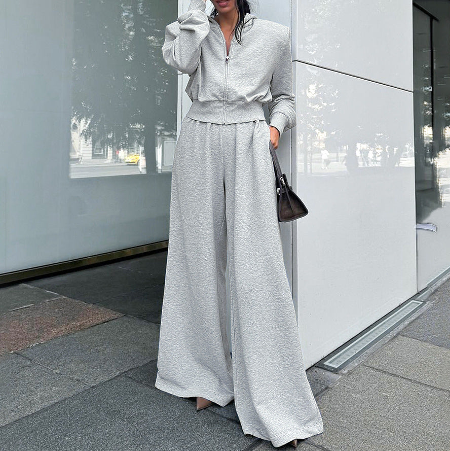 Gray Hooded Sweatshirt Wide Leg Pants Suit