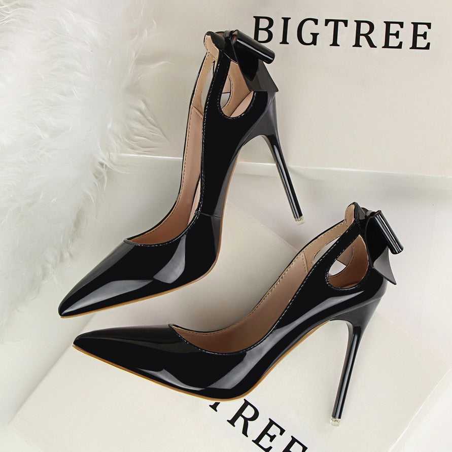 Women's Solid Color Cutout Back Bow High Heels