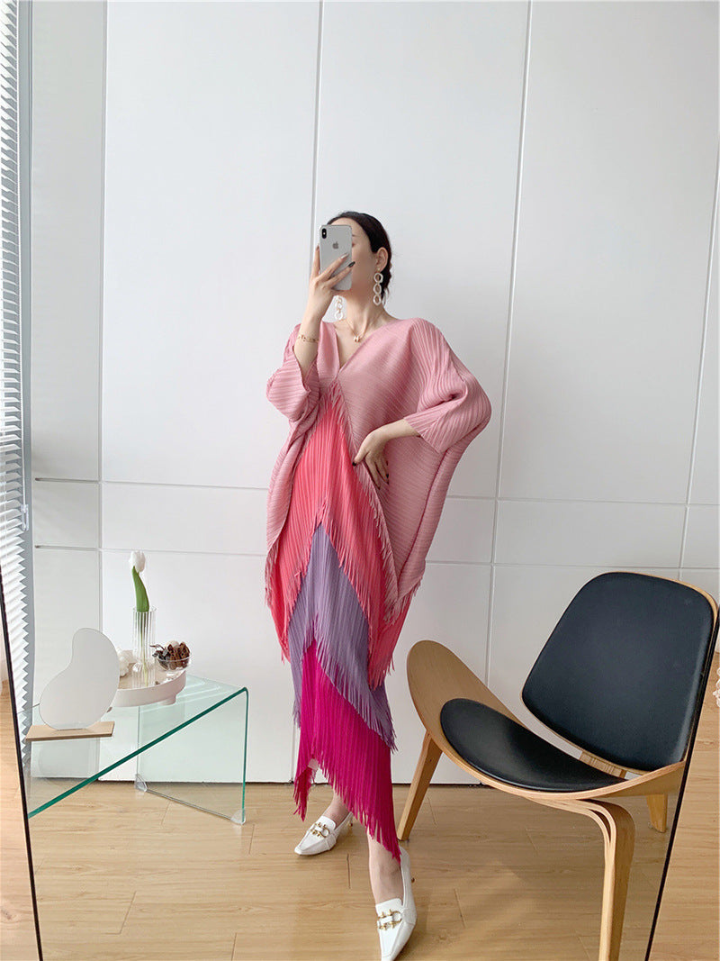Pleated Tassel Gradient Color Dress Sanzhai Contrast Color V-neck Loose Slimming Temperament One-step Dress