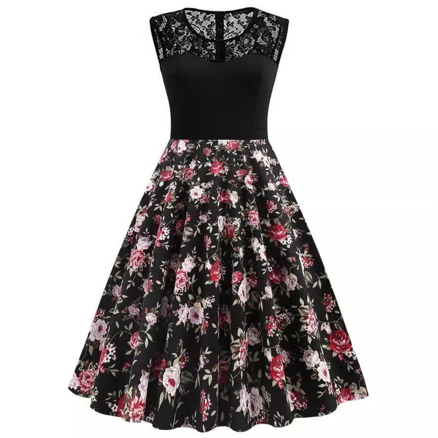 Lace Stitching Sleeveless Hot-selling Floral-print Retro Dress