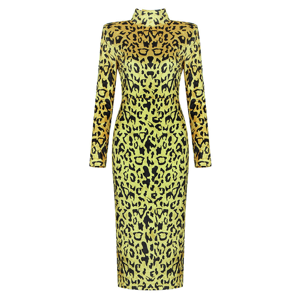 Long sleeve stand-up collar leopard print velvet slim fit dress