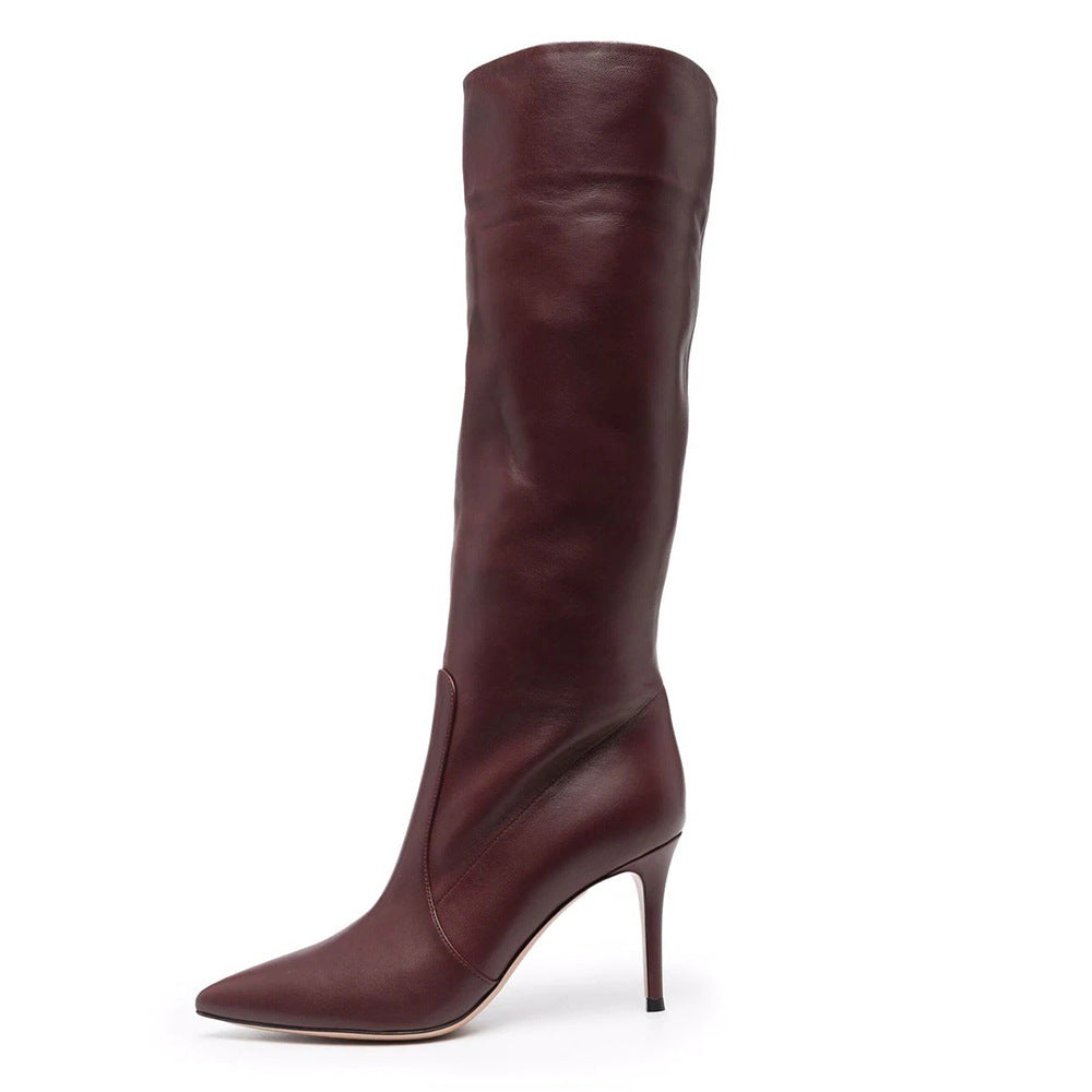 Burgundy PU Plus Size Pointed Toe Knee-length Boots