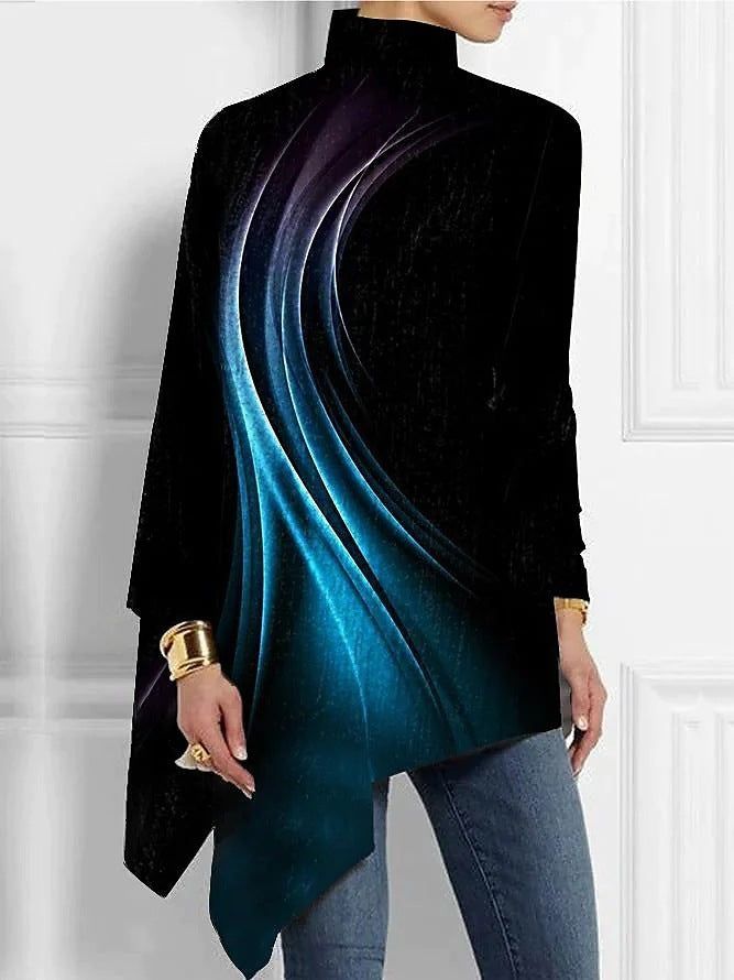 Irregular Hem Loose Casual Print Long Sleeve Turtleneck Bottoming Shirt