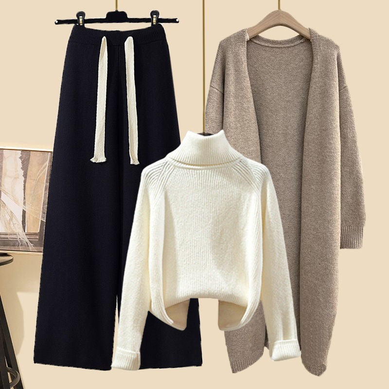 Idle Style Three-piece Set Thick Turtleneck Sweater Wide Leg Pants Wear Long Cardigan Jacket Slimming