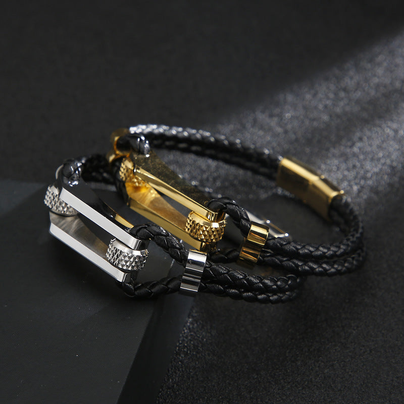 Cowhide Braided Double Layer Titanium Steel Geometric Trendy Men