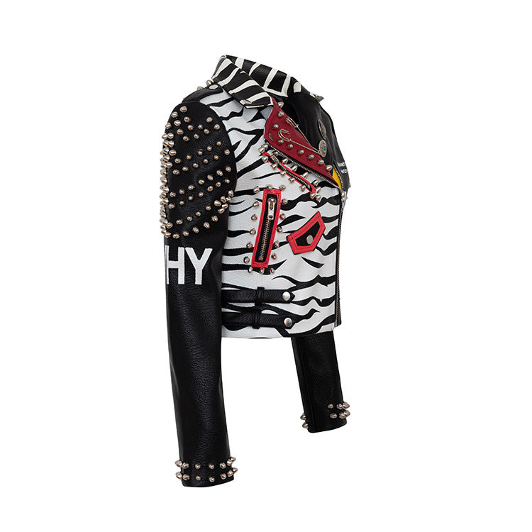 European And American Fashion Personality Graffiti Slim Leather Jacket Women