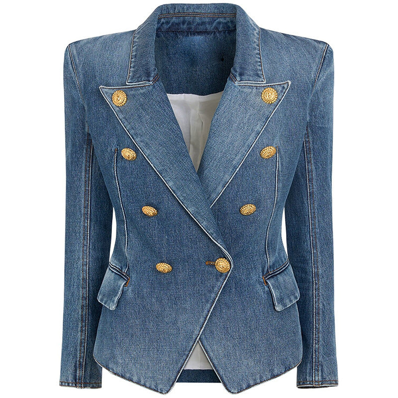 Socialite Temperament Slim Double-breasted Washed Denim Suit Jacket