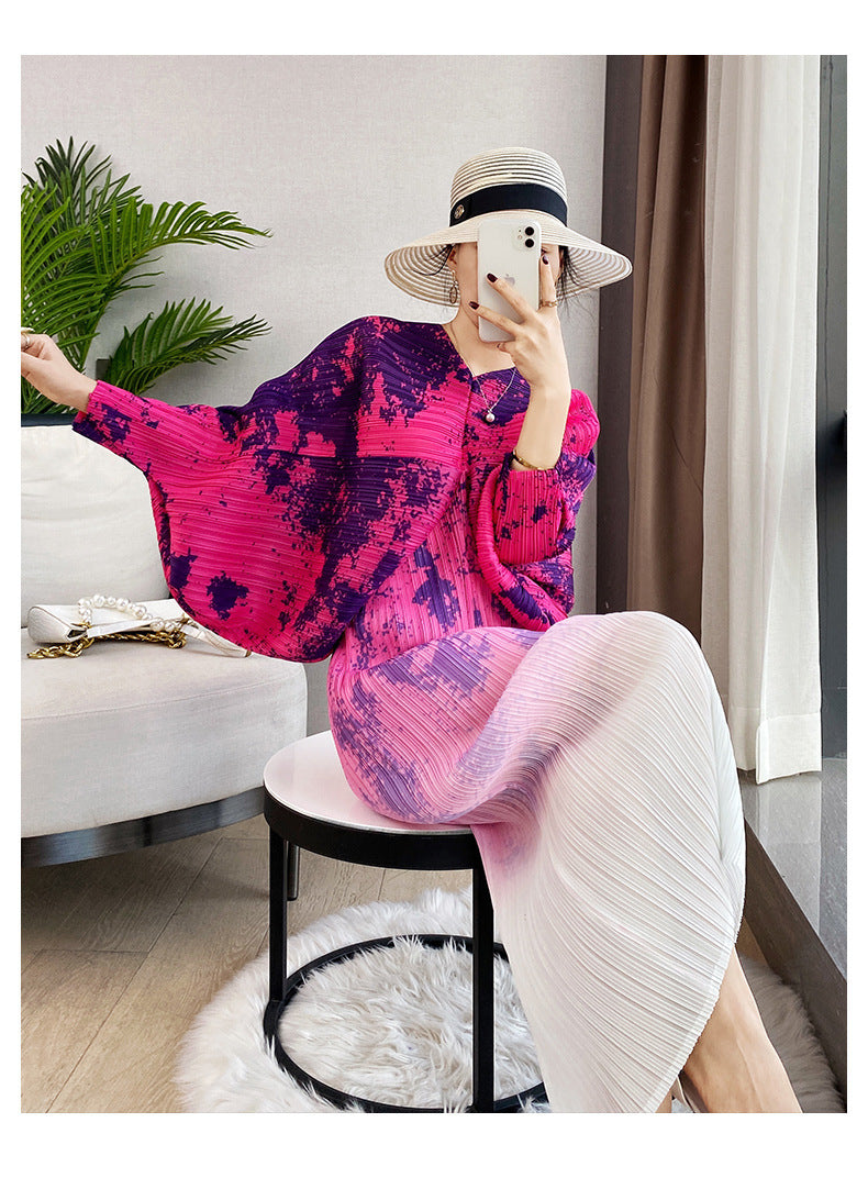 Women's Pleated Vintage Printed Batwing Sleeve Dress