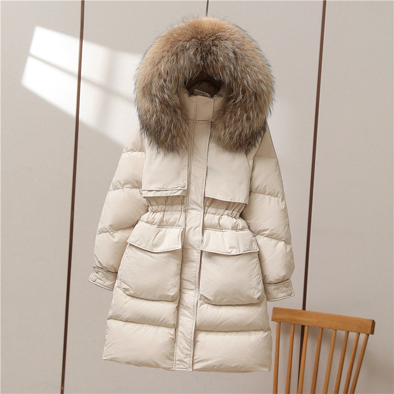 Big Fur Collar White Duck Down Jacket Overknee Thickened Winter Coat