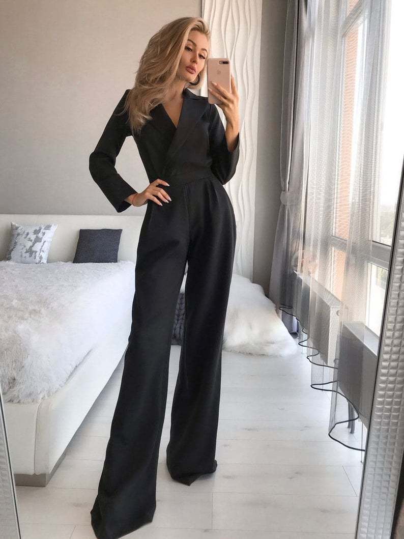 Long-sleeved Slim-fit Jumpsuit Solid Color Trousers