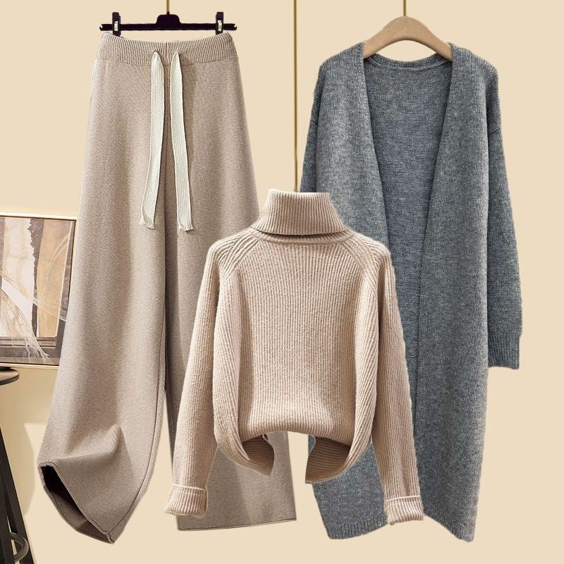 Idle Style Three-piece Set Thick Turtleneck Sweater Wide Leg Pants Wear Long Cardigan Jacket Slimming