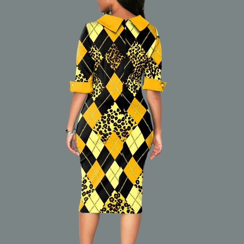 Women's Digital Print Lapel Mid Sleeve Elegant Dress